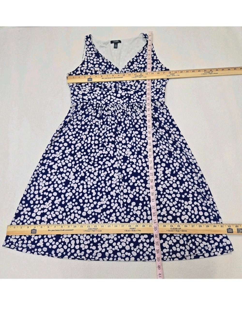 Chaps Sleeveless Faux Wrap Dress Blue & White Polka Dot Fit & Flare size L Large - Picture 8 of 14